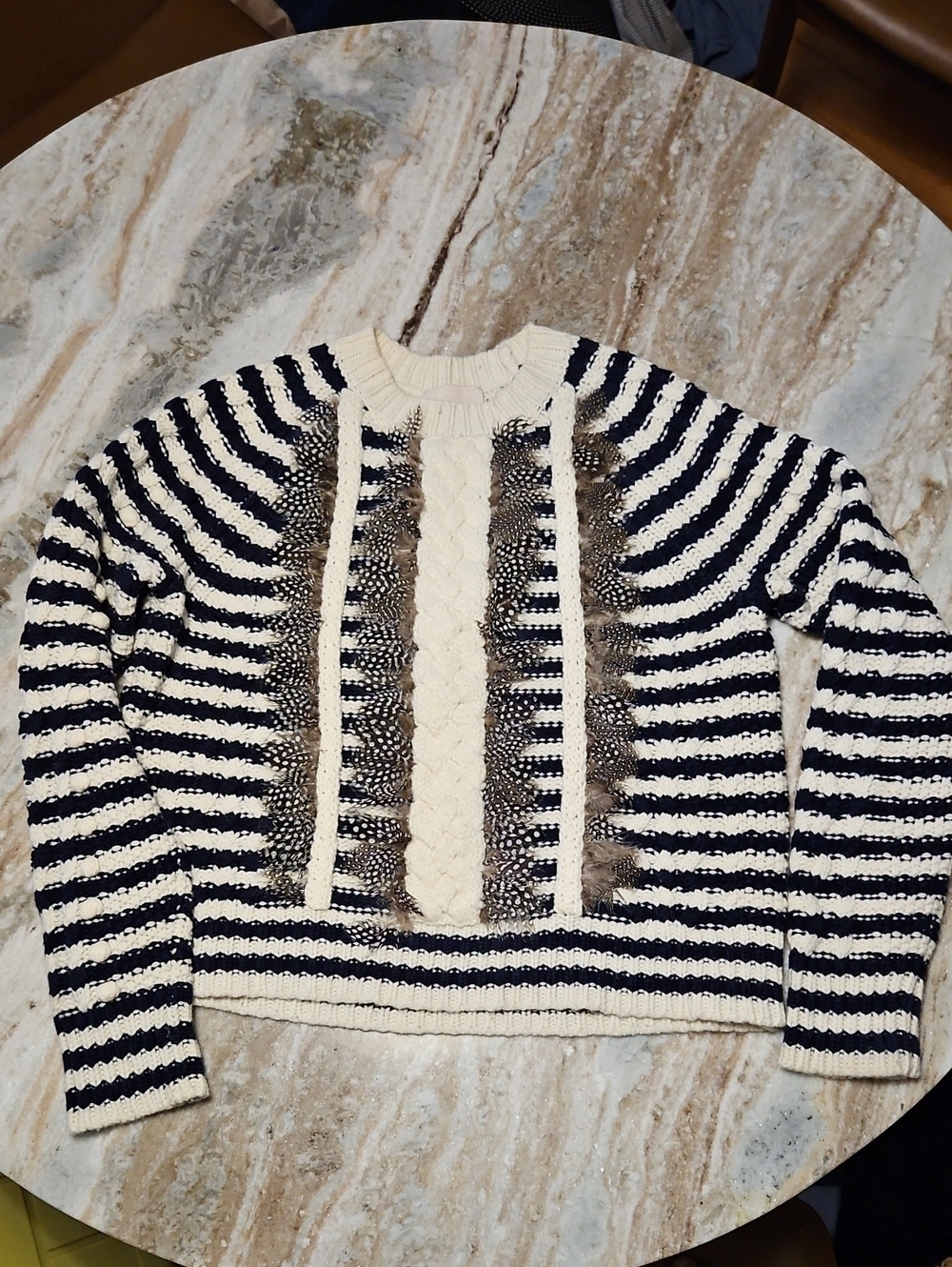 J. Crew Black and Ivory Striped Cable-Knit Sweater with Feather Trim